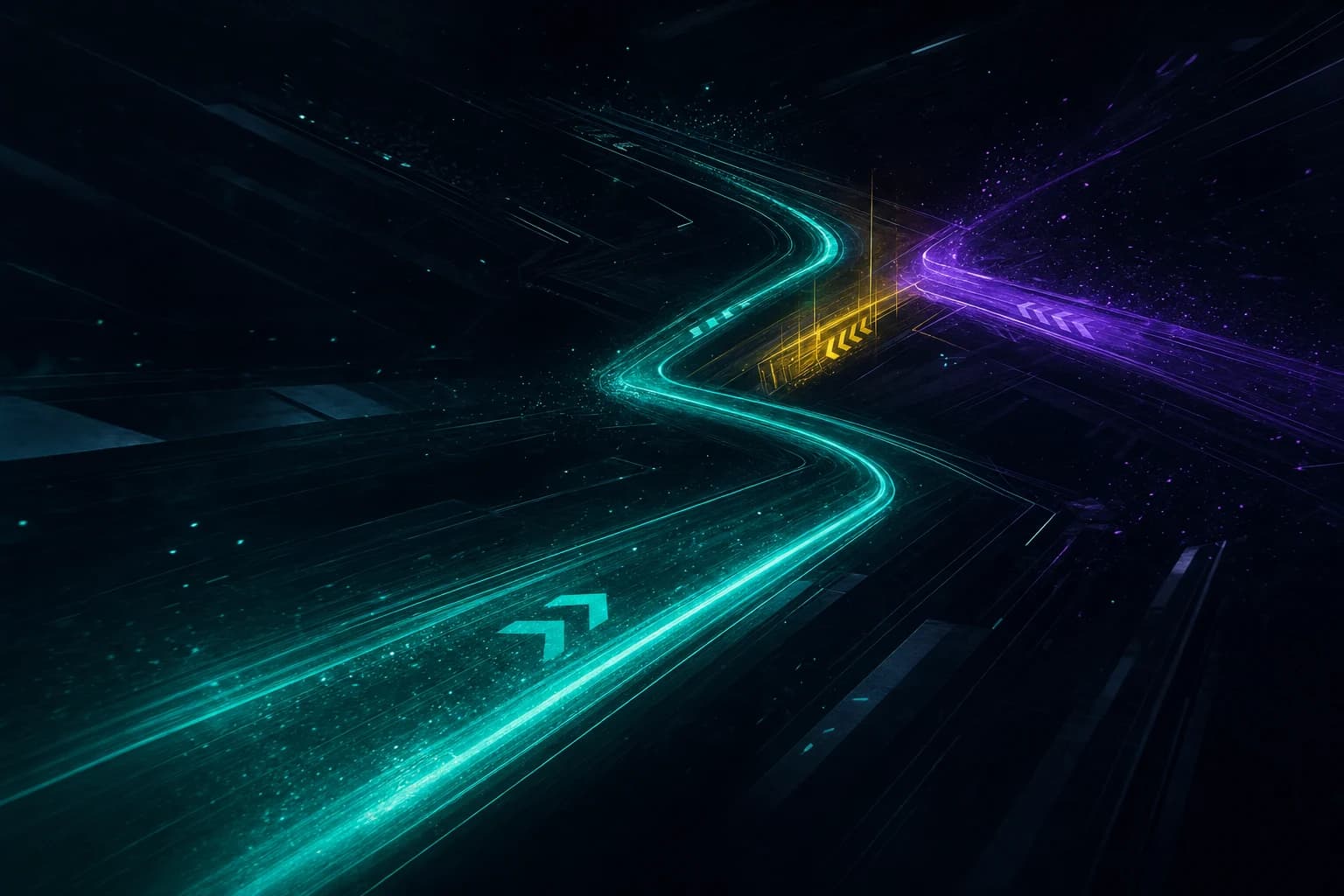 Abstract luminous tracks suggesting progress through a game