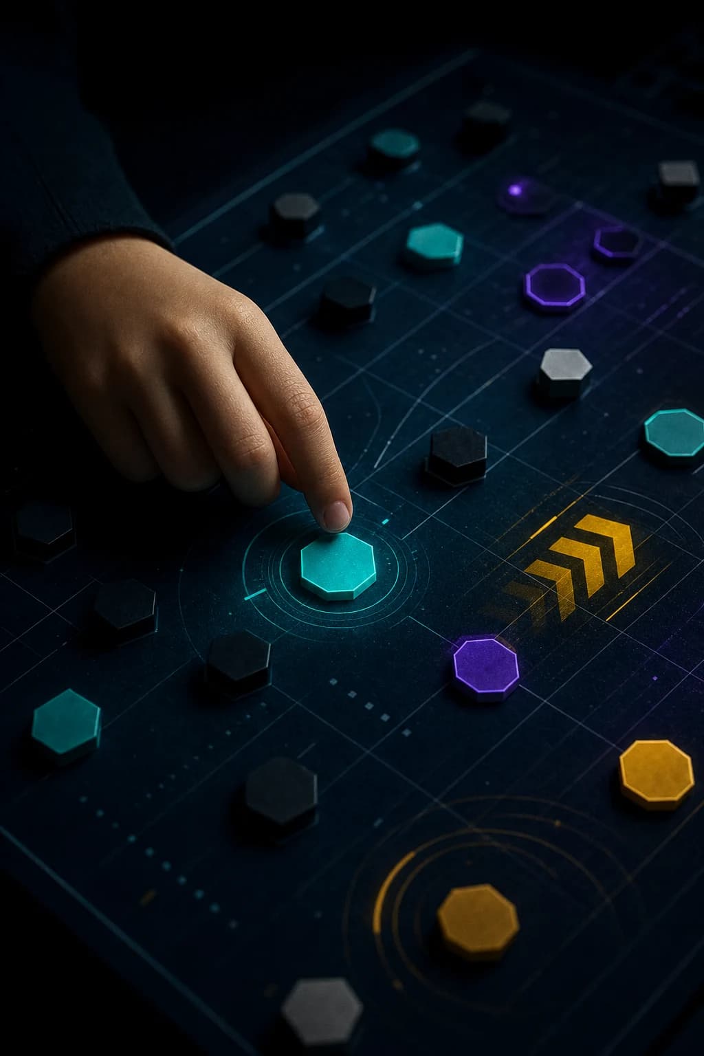 A focused hand reaching toward a luminous game move